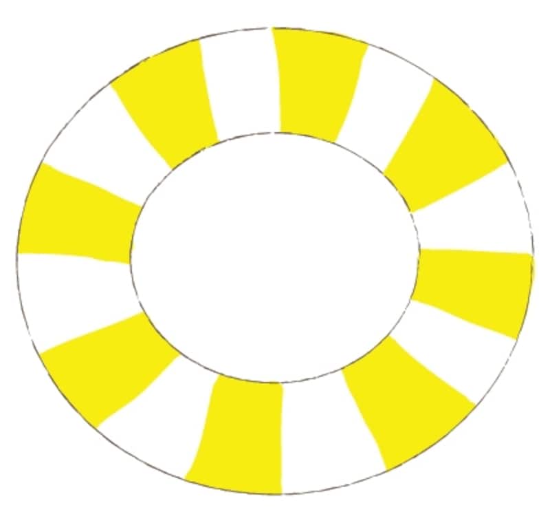 カラー/ストライプ模様の黄色の浮き輪です。