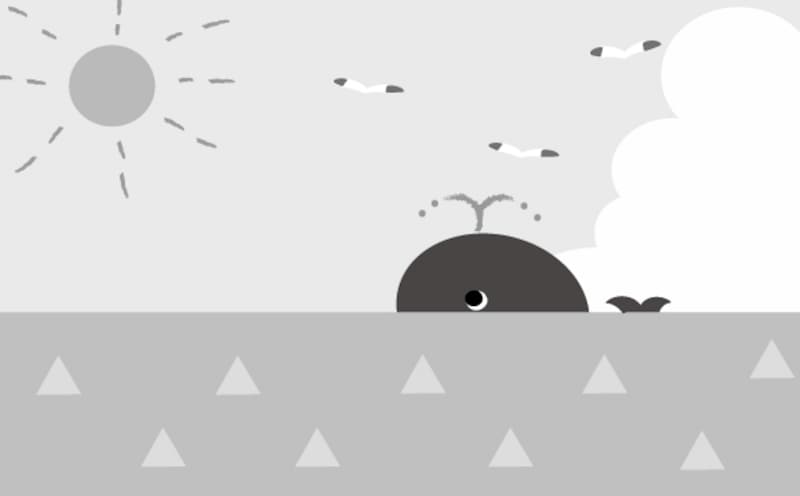 モノクロ/クジラが顔を出す海の景色です。