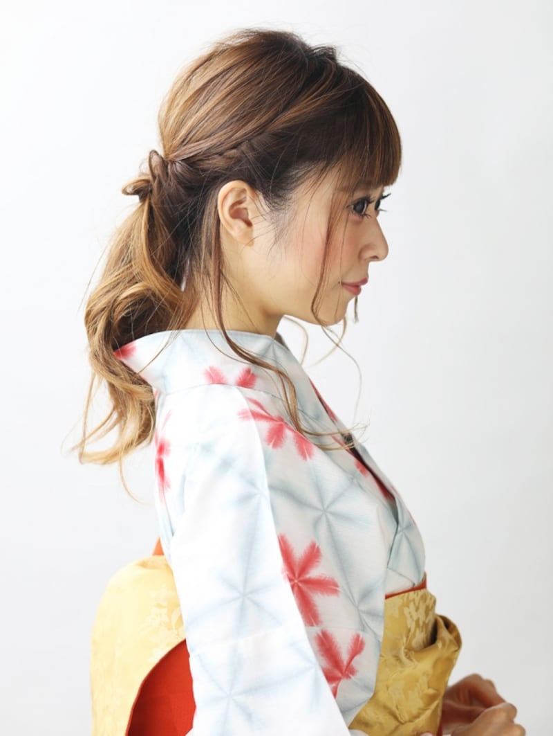 【ロング浴衣】ねじり編みで作る簡単ローポニーテール