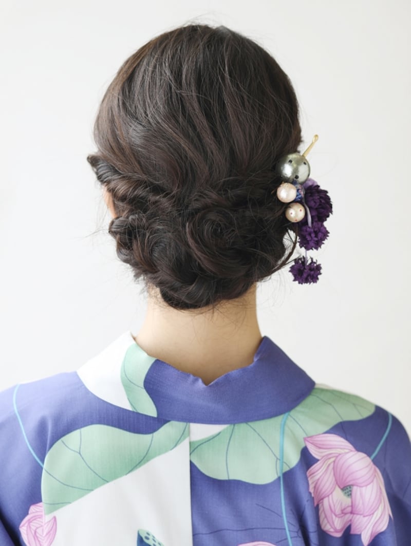 ロング浴衣・ねじりんぱ×三つ編みシニヨンアレンジ