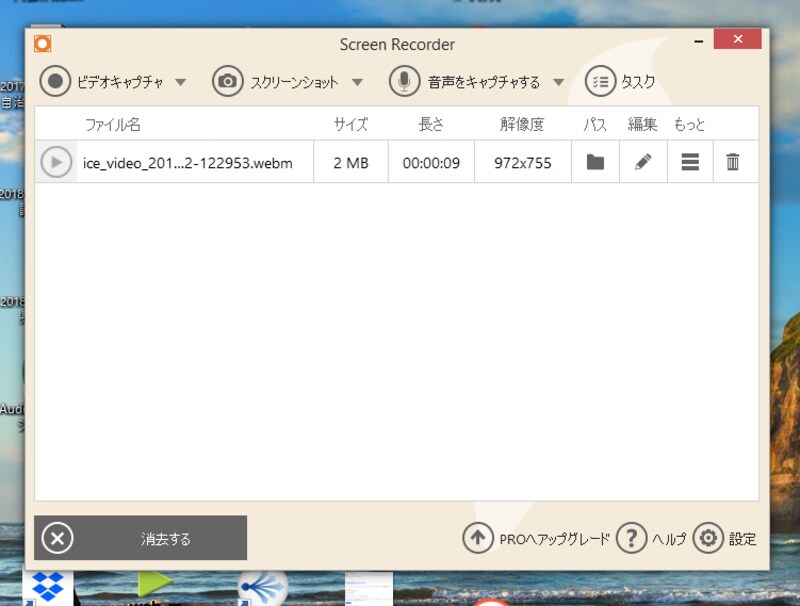 録画したファイルが一覧表示される。無料版ではWebM形式だけに対応している