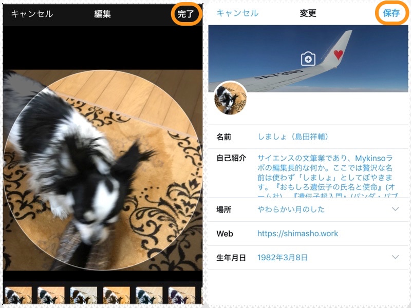 (左)画像の位置を調整したら［完了］をタップ。(右)［保存］をタップすれば自分のアイコンになる