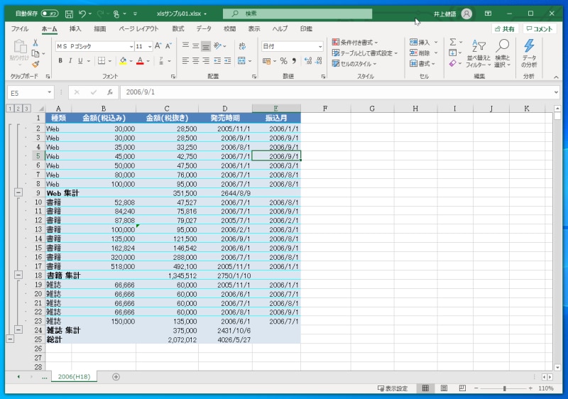 Excel：Excelの小計機能を使って小計を計算した表です。