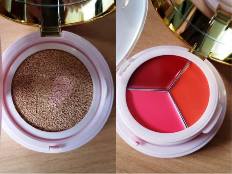 左:中央のハートでカラーをブレンド。右:コンパクトによってリップやチーク、コンシーラーなどコンビはさまざま。写真はリップ