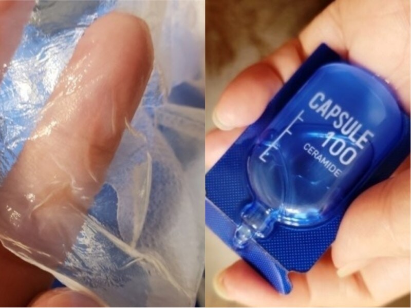 厚さが僅か0.2mmのプルプルの天然ココナッツで作られたバイオセルロースマスク(左)、マスクをオフしたあとは、付属のカプセル100「アンプル美容液」にて仕上げます(右)