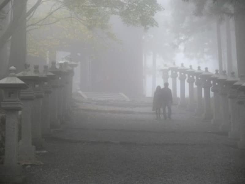 霧に包まれ、神秘的な雰囲気の三峯神社境内