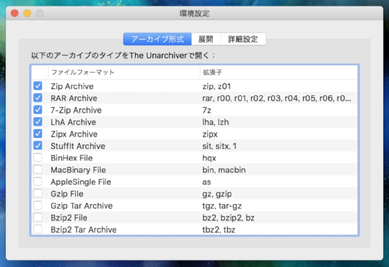 The Unarchiverの設定画面。指定した形式の圧縮ファイルを解凍できる