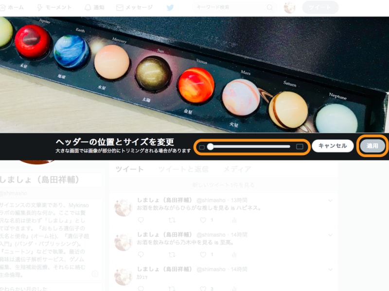 スライダで大きさを変更でき、画像を動かして位置を変更できる。位置を整えたら［適用］をクリック