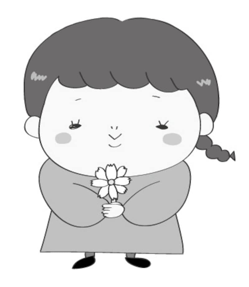 秋　イラスト　女の子　白黒　かわいい　コスモス　