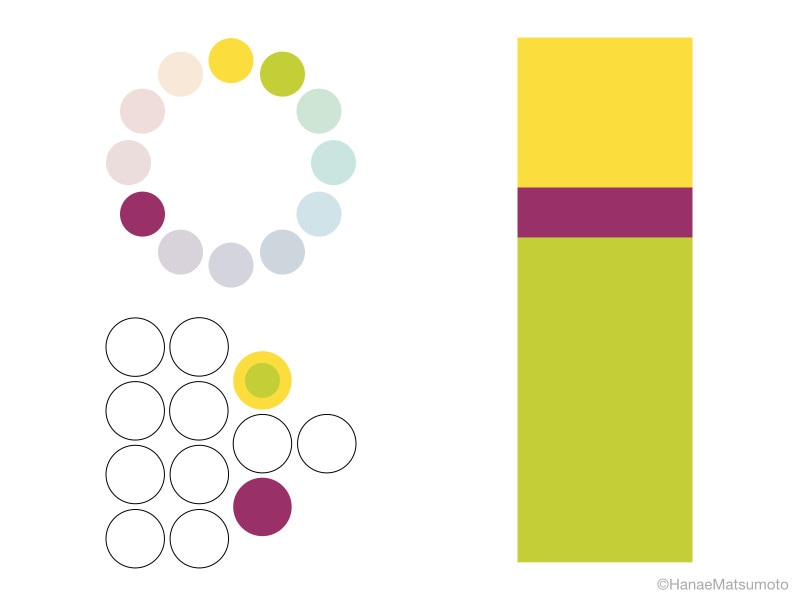 柑橘系のフルーツカラーを組み合わせた配色に「アクセントカラー」として鮮やかなボルドーを取り入れた例