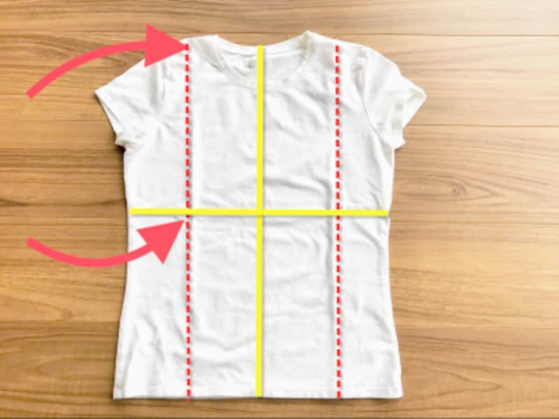 Tシャツのたたみ方の裏技・手順1：黄色の線は中心線。赤の点線は身幅の約4分の1