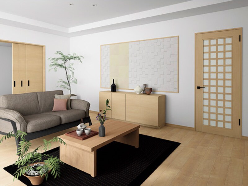 　格子デザインの室内ドアや引き戸を組み合わせて、和を感じるナチュラルな空間を実現。[Interio ラシッサS クリエ　施工例　室内ドア　LGS　クリエペール]  LIXIL 　http://www.lixil.cojp/