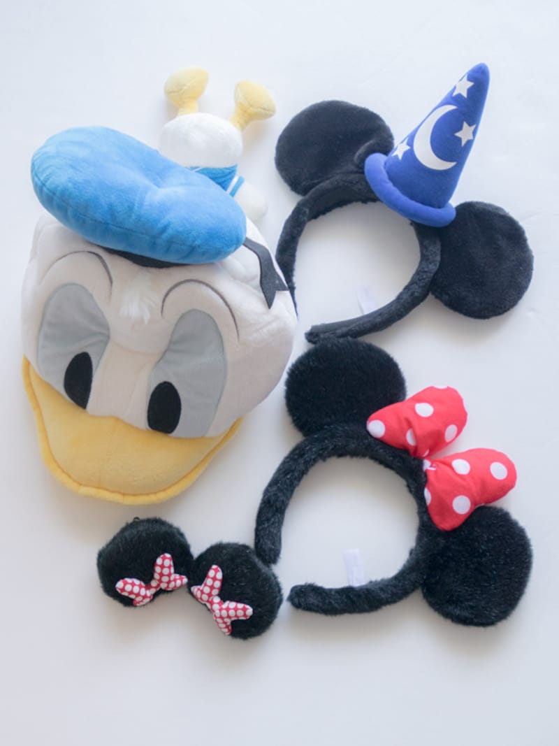 ディズニーの髪型に使用。ミッキー ミニーカチューシャ、ドナルドダックのキャップ、ミニーの耳ヘアピン