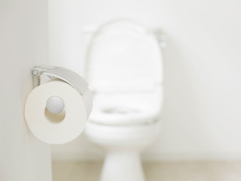 トイレ掃除の手順1:ペーパーホルダーなど、便器周りのアイテムにはホコリが溜まりやすいので、まずはサッと拭いて