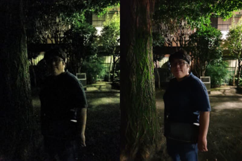 ほぼ真っ暗な公園で撮影しました。「Galaxy Note 8」(左)は暗くノイズが目立つだけでなく、人物の肌の色も周囲の緑に引きずられていますが、「Galaxy Note 8」(右)ではノイズが抑えられているだけでなく。人物もより鮮明に写っています