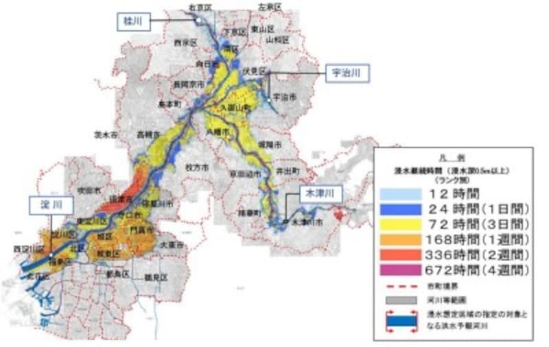 【図4】淀川水系洪水浸水想定区域図(浸水継続時間) 出典:淀川河川事務所 を元にガイドが加工