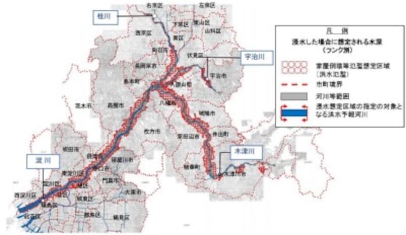 【図5】淀川水系洪水浸水想定区域図(家屋倒壊等氾濫想定図(氾濫流)) 出典:淀川河川事務所 を元にガイドが加工