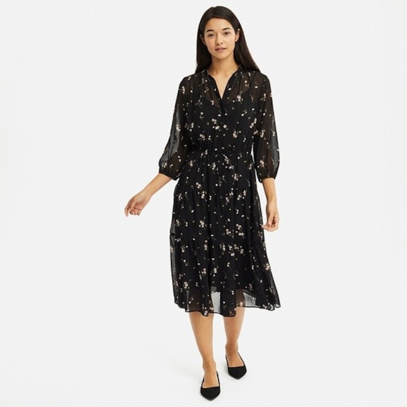 シフォンギャザープリントワンピース(7分袖)