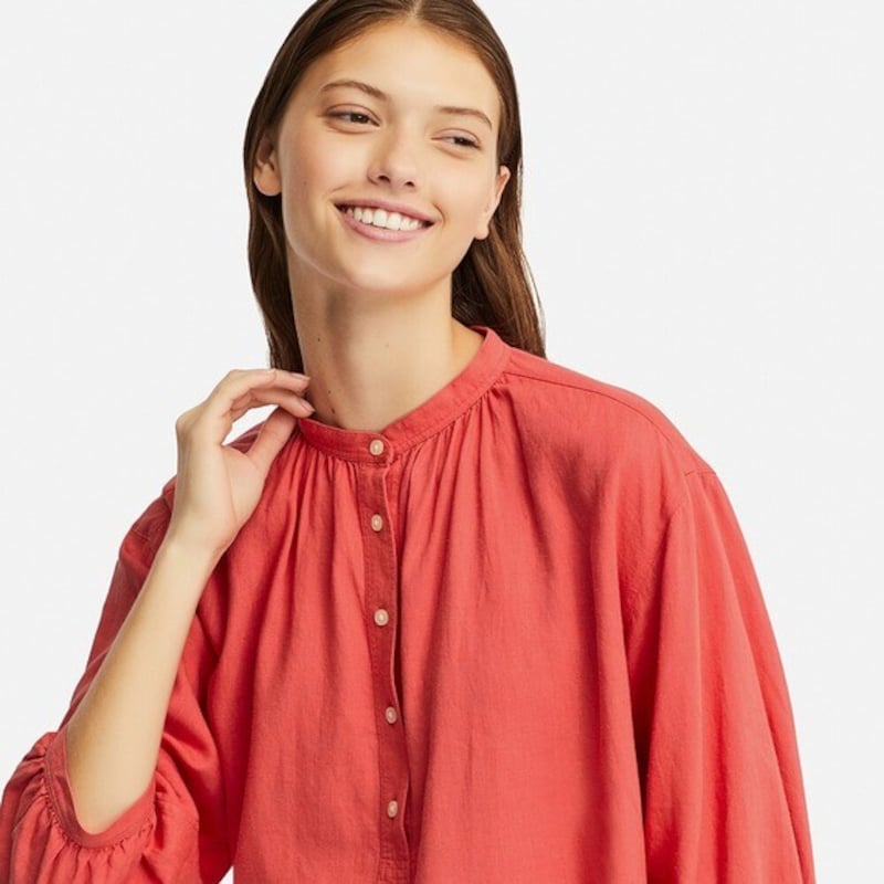 リネンブレンドスタンドブラウス(7分袖)