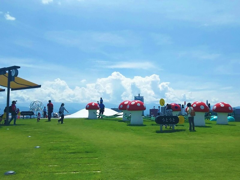 富山県美術館屋上は「ひそひそ」「ふわふわ」「うとうと」等どれも子どもが夢中になる遊具が揃う