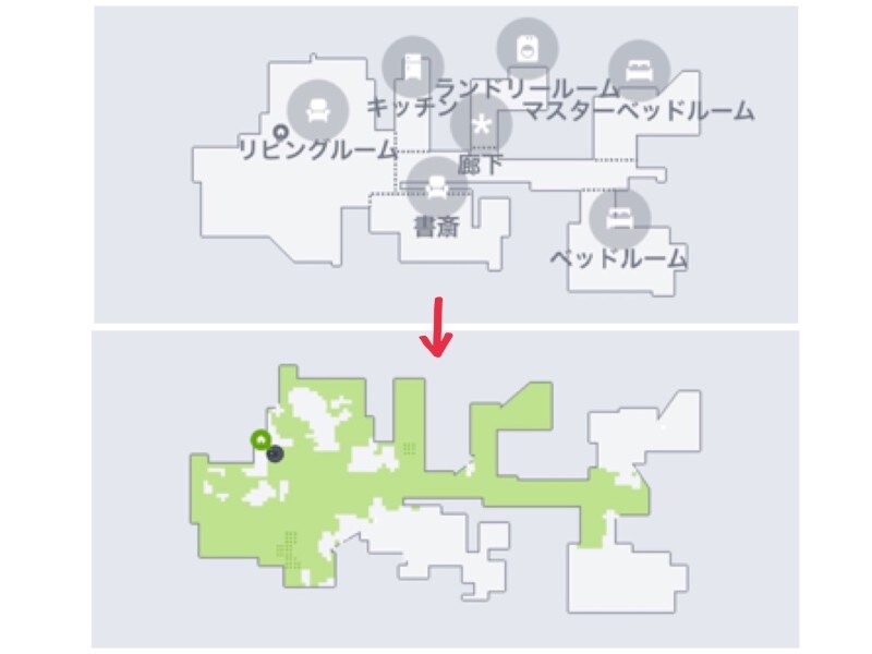 アプリ上に描かれたマップに部屋の名前をつけたら、指定した部屋だけの掃除も可能。掃除の履歴も確認できますが、見事に指定した部屋のみ掃除しています