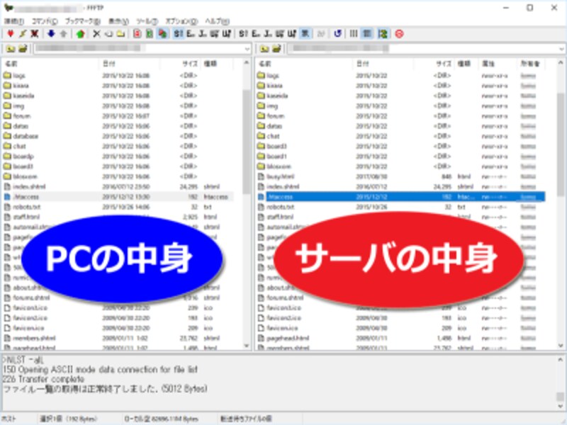 画面の左側がローカルPCの中身を表示、画面の右側がサーバの中身を表示(FFFTPでの表示例)