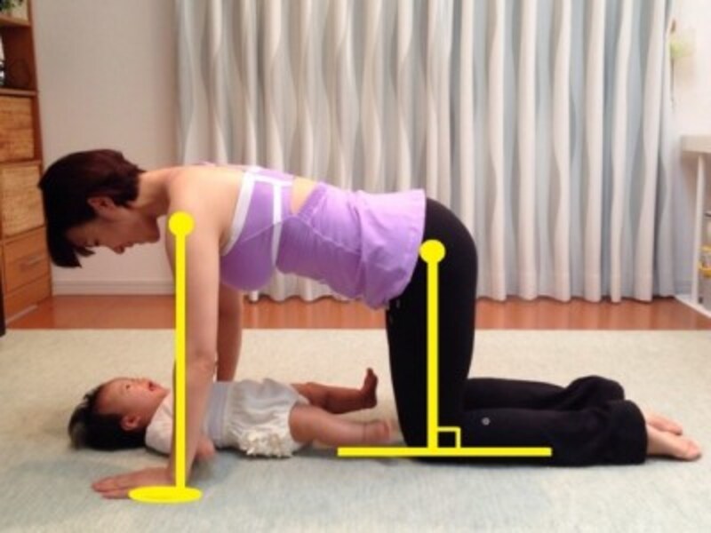 1. 赤ちゃんを仰向きに寝かせ、ママはお顔が見えるところで四つん這いになる/産後ダイエット『クアドロペッド』