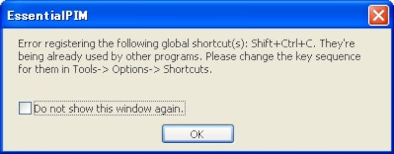 ショートカットキー重複の警告画面