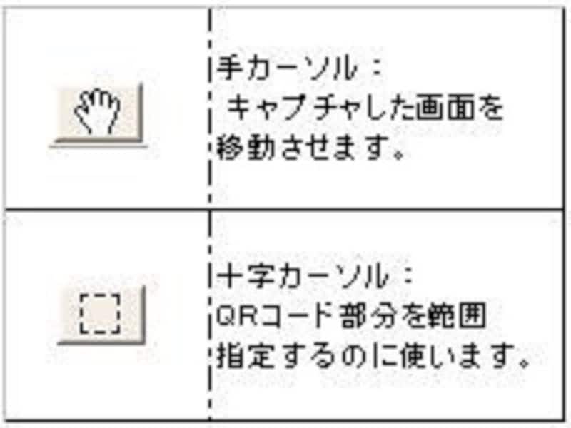 QRコードのある位置まで画像を移動させるには手カーソルを、QRコード部分を範囲指定するには十字カーソルを選択する