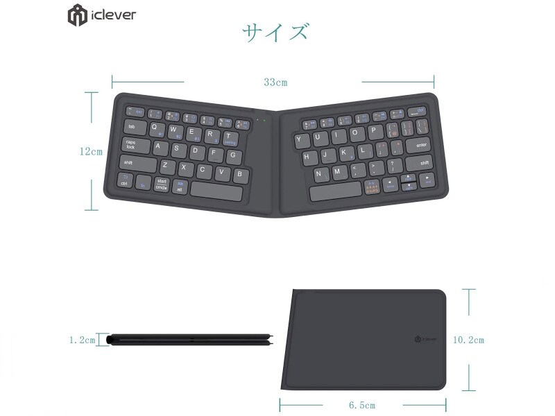折り畳んだときの厚みは12mm。広げると幅33cm、人間工学に基づくV字型の形状になります。