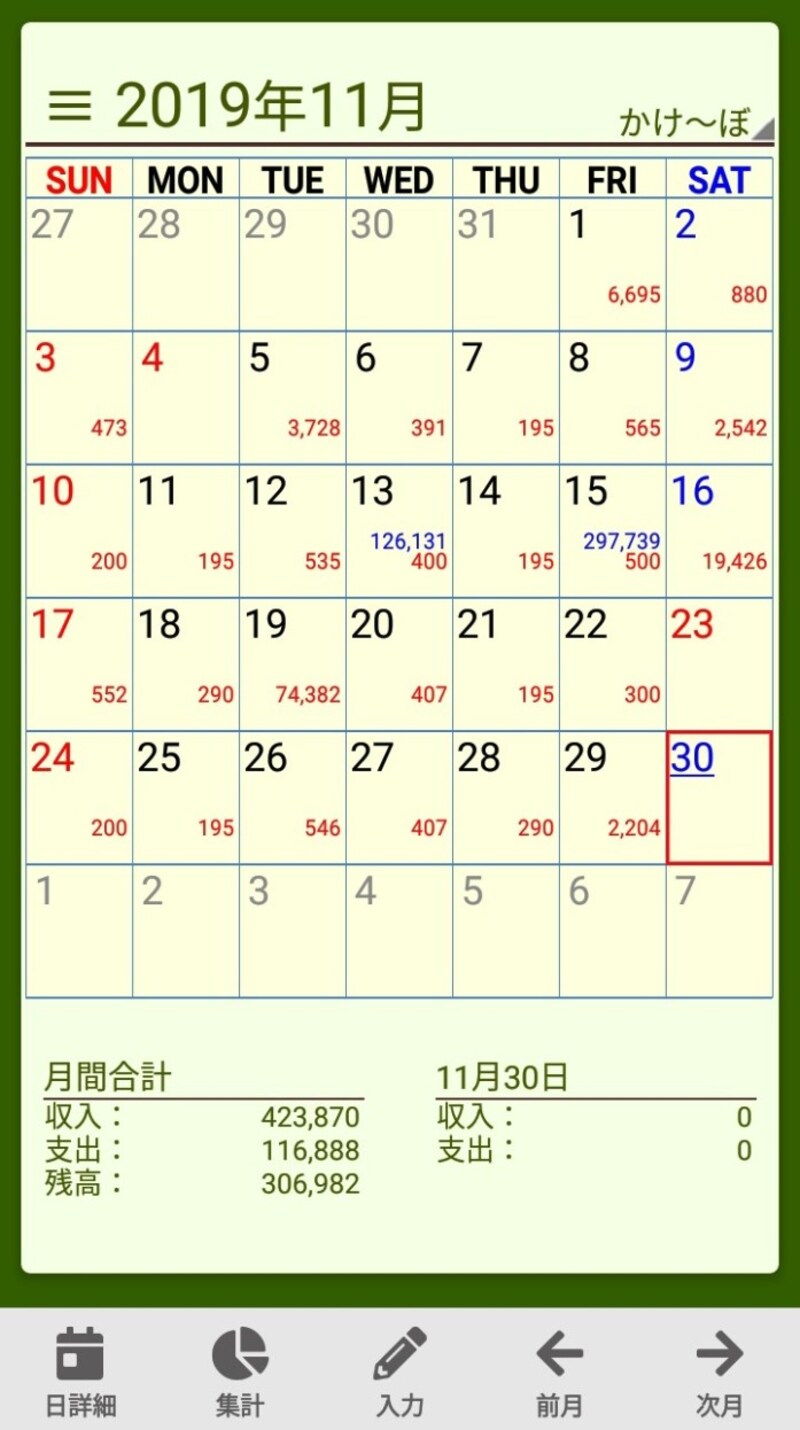 「使っている家計簿アプリの画像です。 こういったカレンダー表示で使った金額などがひと目でわかると、『あれ、なんでこの日こんなに使ってるんだっけ』とすぐにわかりますし確認もできます。 収入と支出の計算もされるので、現時点でどれくらい今月残金があるのかわかるのも助かってます」(あとすけさん)
