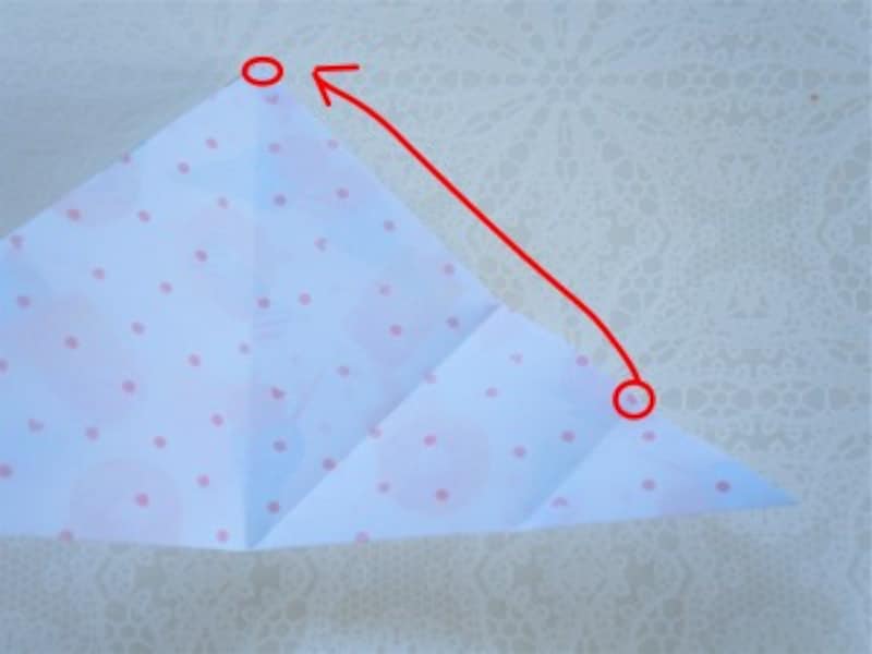 バレンタイン折り紙ハート折り方　赤い丸を付けた部分を重ねる