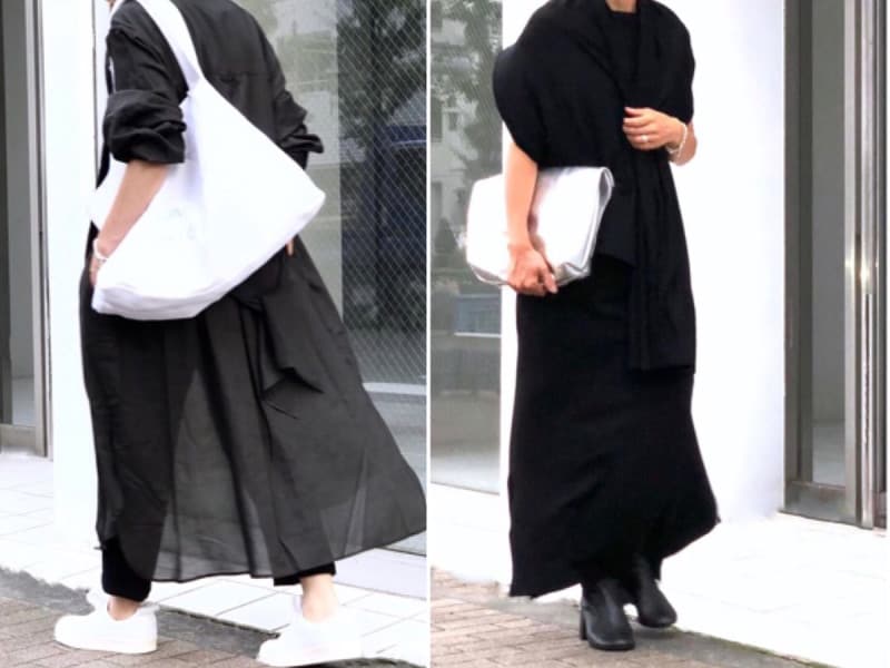 エコバッグとスニーカーをセット使いに。白のクラッチバッグも効果的