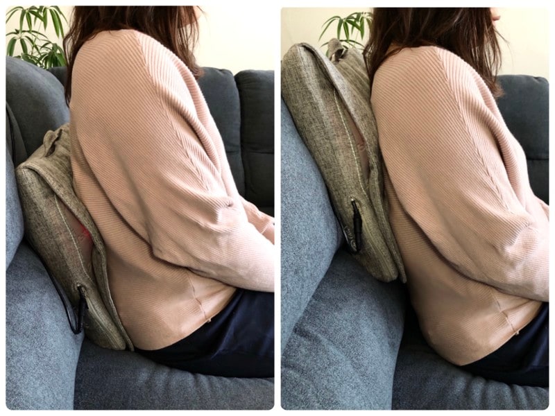 背もたれに挟んで腰に当てたり、肩に当てたり。マッサージクッションの上に寝そべって使うと、かなり強いもみ心地に！