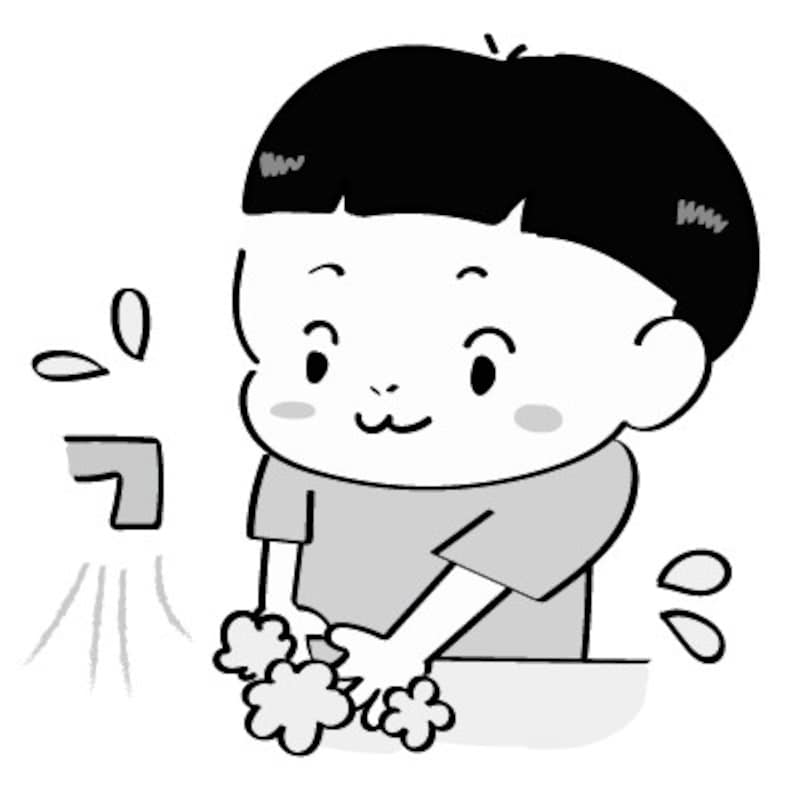 イラスト　手洗い　男の子　無料　白黒