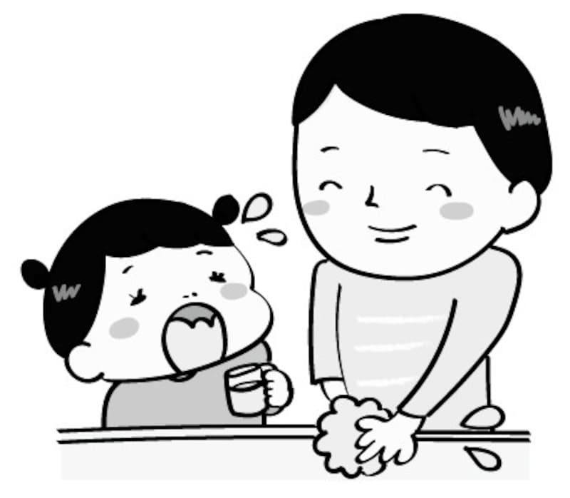 イラスト　手洗い　うがい　親子　無料　白黒
