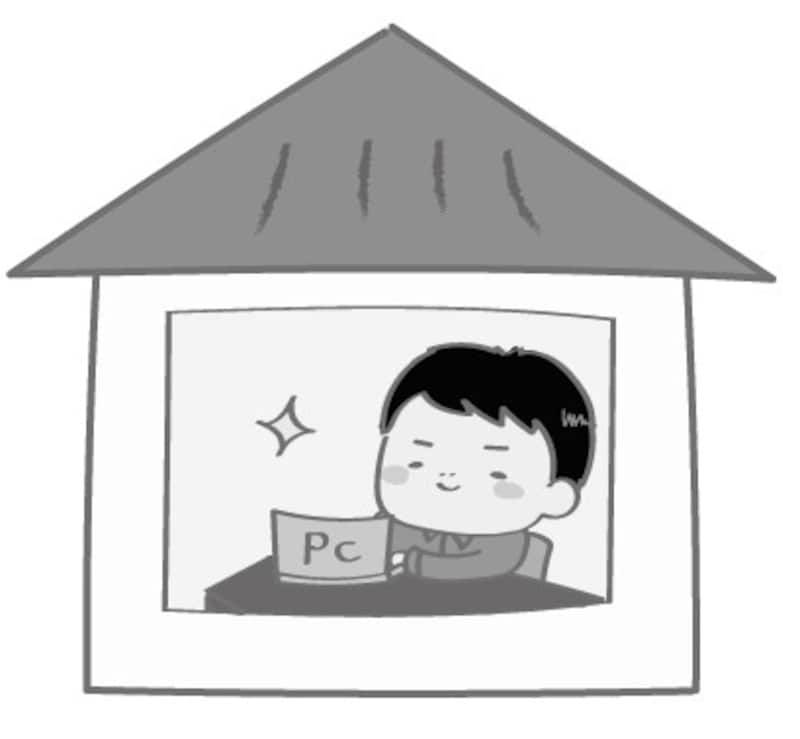 イラスト　リモートワーク　男性　無料　白黒