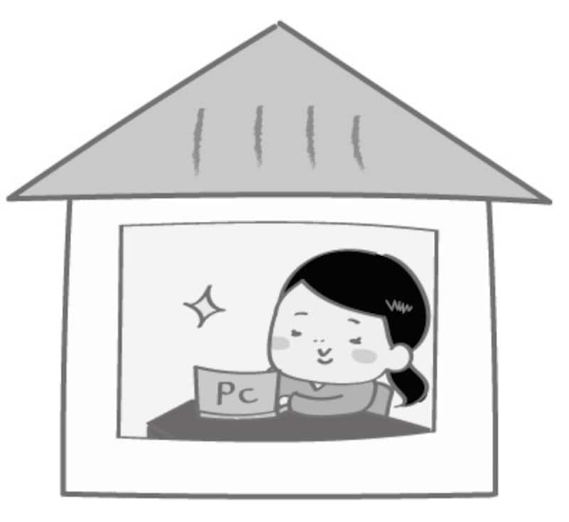 イラスト　リモートワーク　女性　無料　白黒