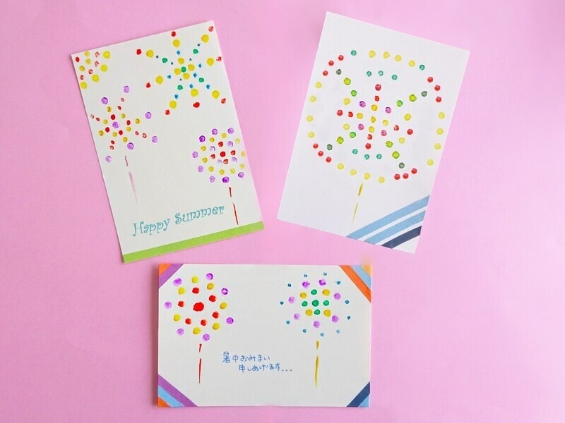 絵の具と綿棒で夏の花火を描いてみたよ!かわいい絵葉書を手作りしよう