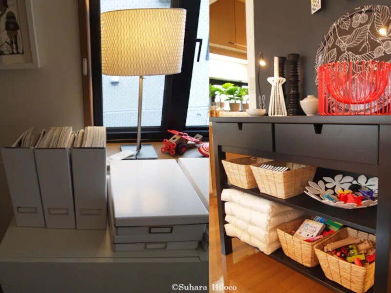 ボックスやカゴなどの収納グッズを使ってオープン棚にポンと置くだけで片付く（イケアの事例）