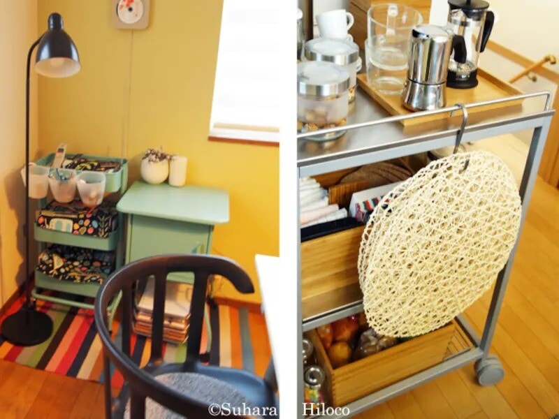 キャスターの付いたワゴンがあると便利。使うときには食卓近くに、終わったら邪魔にならない所へ移動すれば丸ごと片付く。テレワークやオンライン学習用品専用にしてもいい