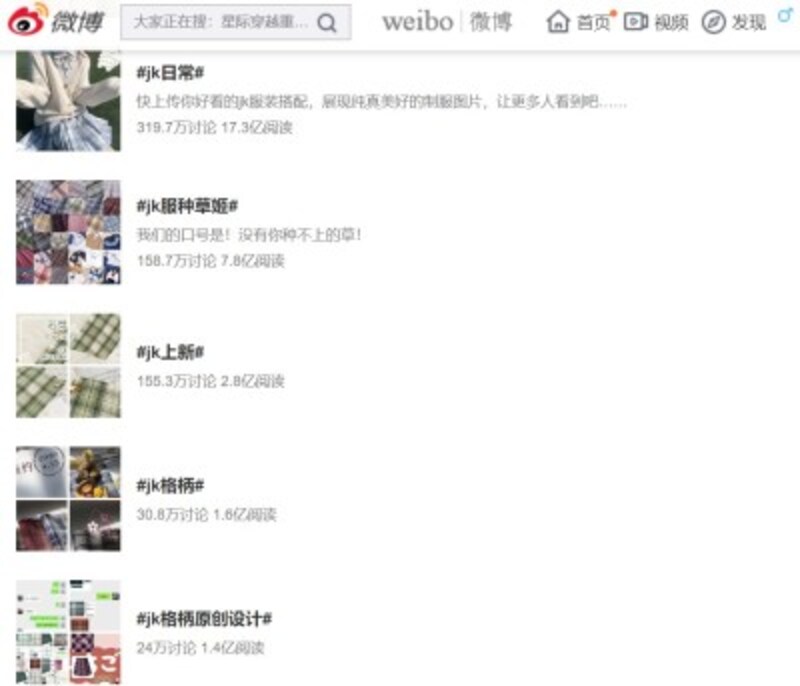 中国版のTwitterといわれる「weibo」での「JK」検索結果。JK制服に関する話題のページビューはほとんど1億を超える規模です。