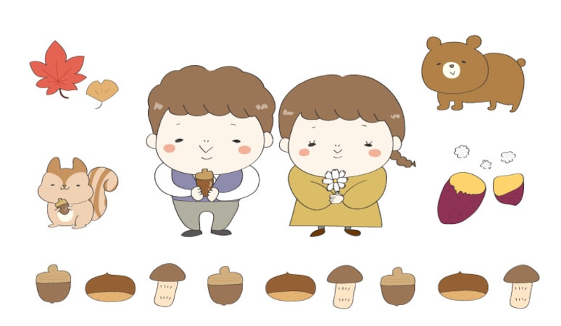 秋　イラスト　無料　かわいい　どんぐり　コスモス　焼き芋　リス