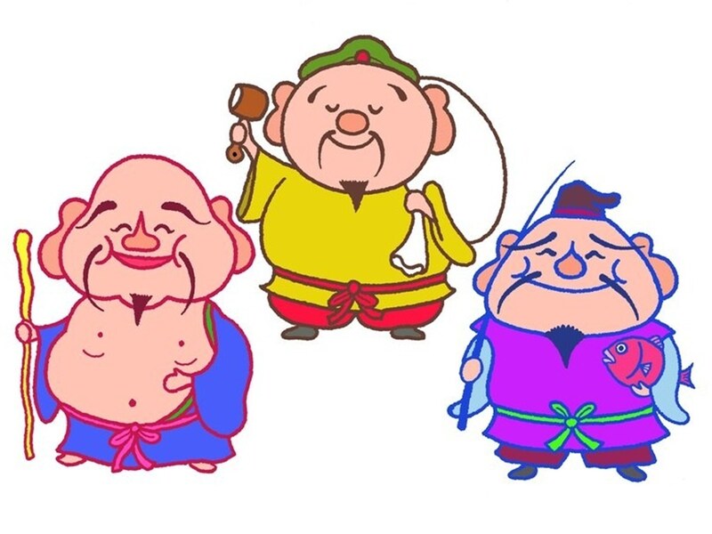 大黒天（画像中央）、恵比寿（画像右）、布袋尊（画像左）は、七福神の中でもとりわけ福耳です