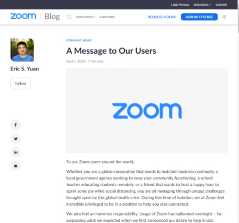 4月1日、Zoom CEOのEric S. Yuanが90日間の取り組みをブログに投稿しました。