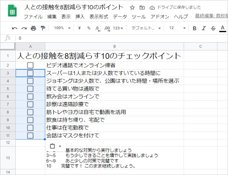 先の例と同じ方法で挿入したチェックボックスを他のセルにも貼り付けます。［Ctrl］+［C］キーでクリップボードにコピーし、［Ctrl］+［V］キーで貼り付けるだけです。