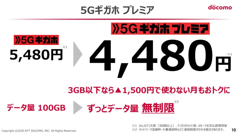 「5Gギガホ プレミア」の概要。「5Gギガホ」でキャンペーン扱いだったデータ通信無制限が正式なものとなっている