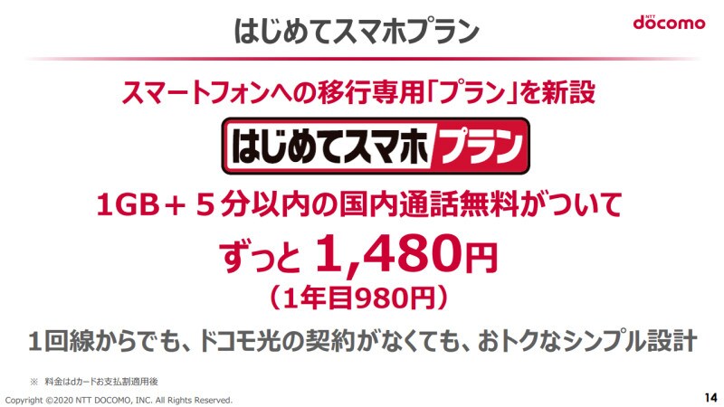 「はじめてスマホプラン」は3Gからの乗り換え専用プランであり、月額1480円で1GBのデータ通信と1回当たり5分間の無料通話が利用できる