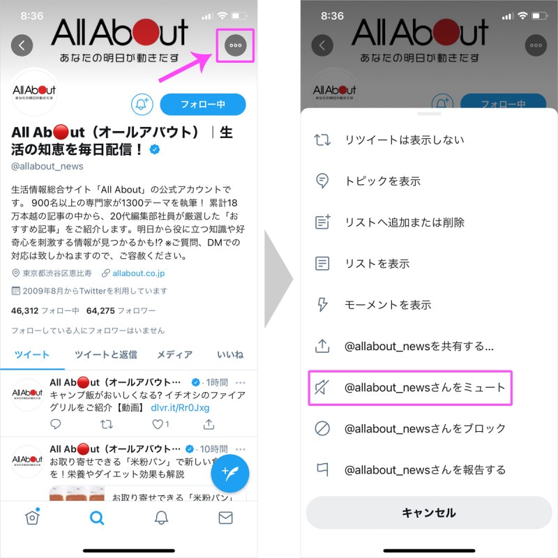 相手のプロフィール画面に行き、右上のボタンをタップ。ミュートまたはブロックを