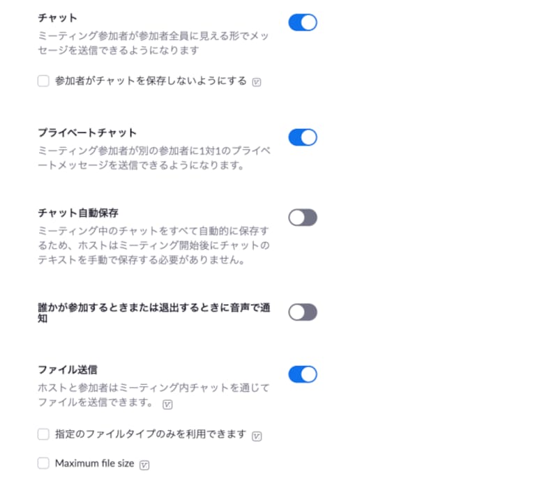 チャットの設定項目